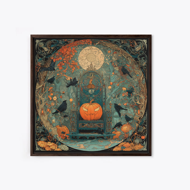 The Jack-O'-Lantern Throne, Stained Glass Gothic Art, Square Wall Art, Macabre Wall Art, Framed Canvas Print, Halloween Wall Art