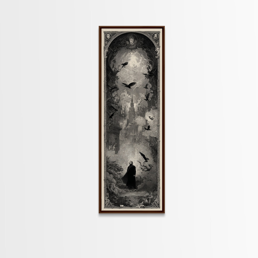 The Haunted Portrait, Gothic Engraving Art, Tall Narrow Wall Art, Dark Fantasy Wall Art, Framed Canvas Print, Halloween Wall Art