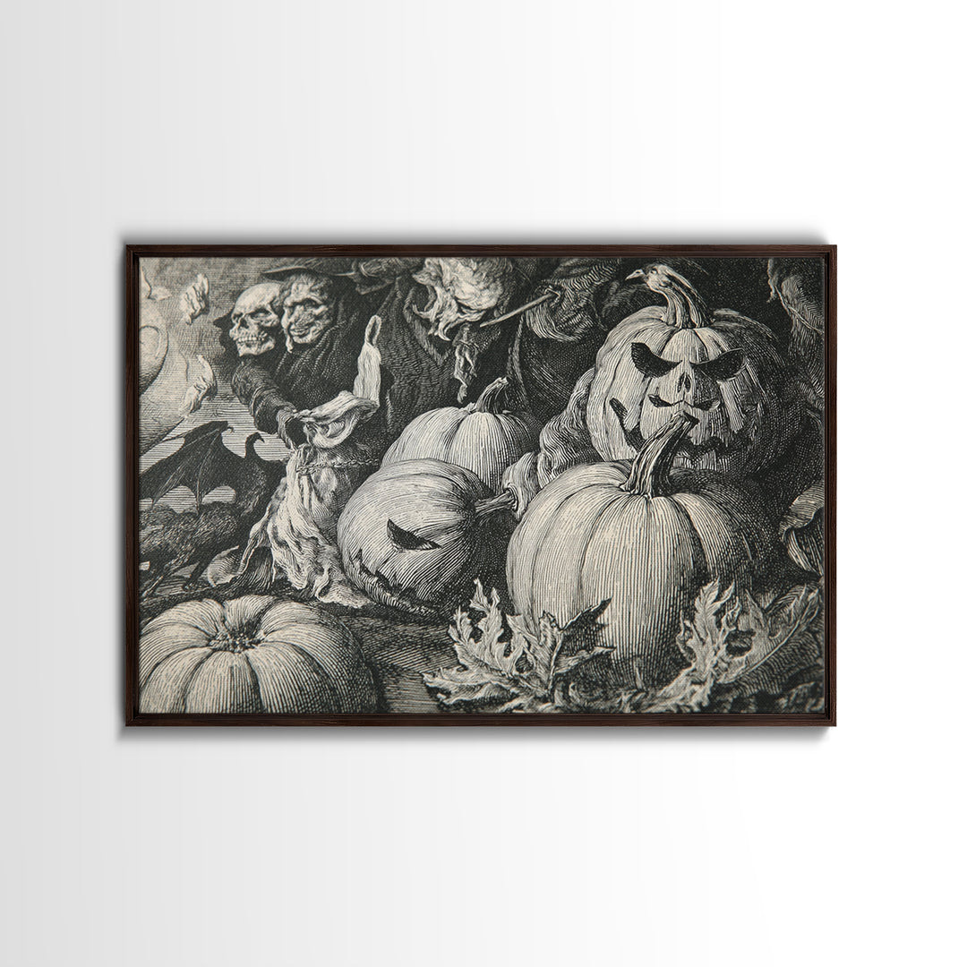 Vintage Orange-And-Black Halloween, Renaissance Engraving Art, Landscape Wall Art, Dark Fantasy Wall Art, Framed Canvas Print