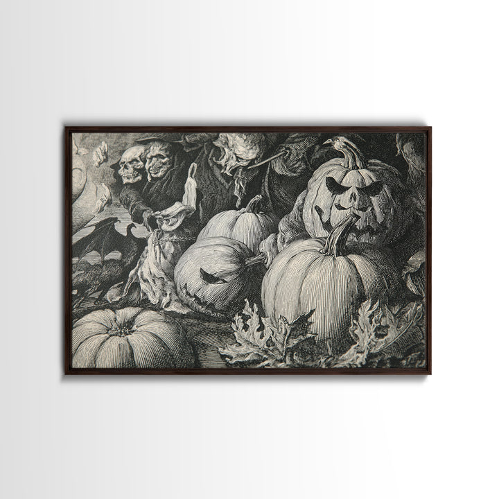 Vintage Orange-And-Black Halloween, Renaissance Engraving Art, Landscape Wall Art, Dark Fantasy Wall Art, Framed Canvas Print