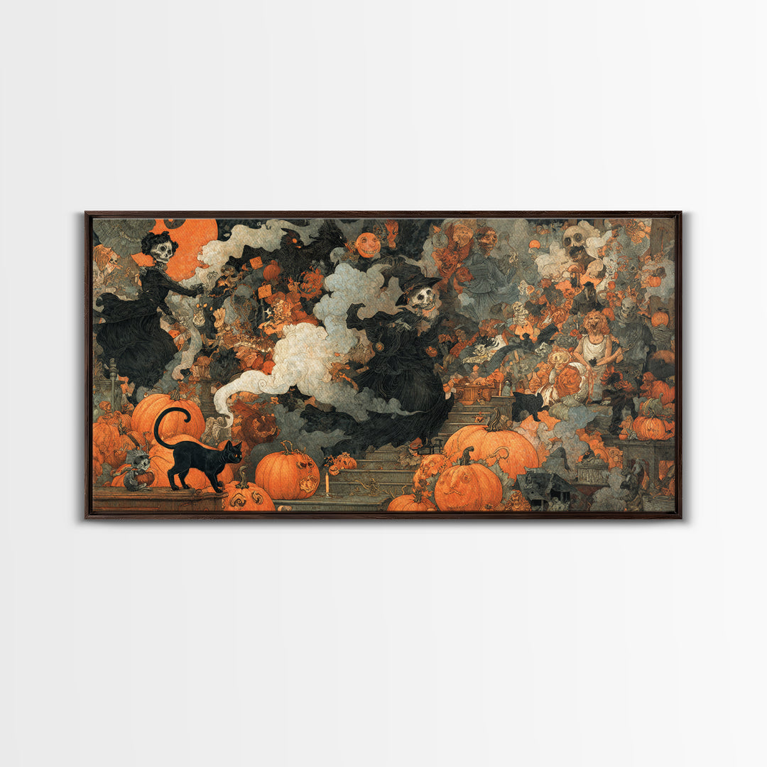 Vintage Orange-And-Black Halloween, Grotesque Carnival Art, Wide Panoramic Art, Macabre Wall Art, Framed Canvas Print, Halloween Wall Art