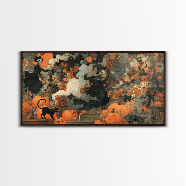 Vintage Orange-And-Black Halloween, Grotesque Carnival Art, Wide Panoramic Art, Macabre Wall Art, Framed Canvas Print, Halloween Wall Art