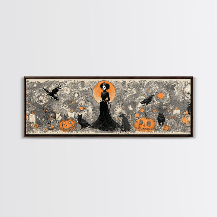 Vintage Orange-And-Black Halloween, Decadent Line Art, Extra Wide Wall Art, Macabre Wall Art, Canvas Print, Halloween Wall Art