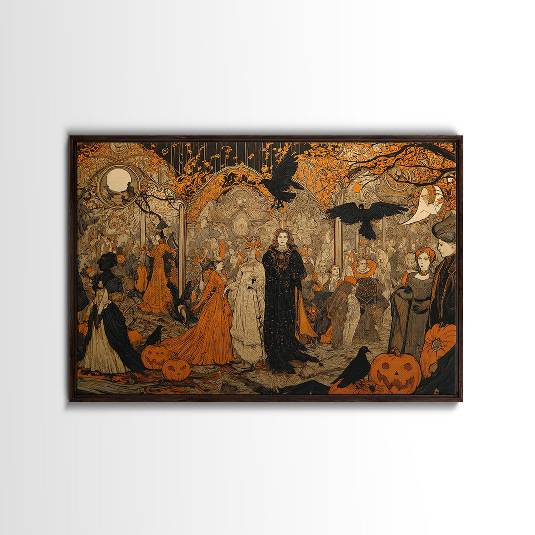 Vintage Orange-And-Black Halloween, Stained Glass Gothic Art, Landscape Wall Art, Macabre Wall Art, Canvas Print, Halloween Wall Art
