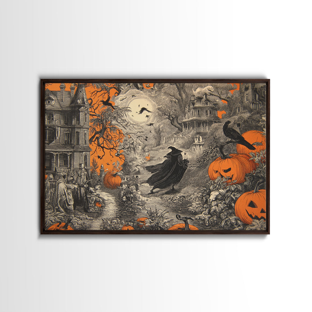 Vintage Orange-And-Black Halloween, Victorian Macabre Art, Landscape Wall Art, Macabre Wall Art, Canvas Print, Halloween Wall Art