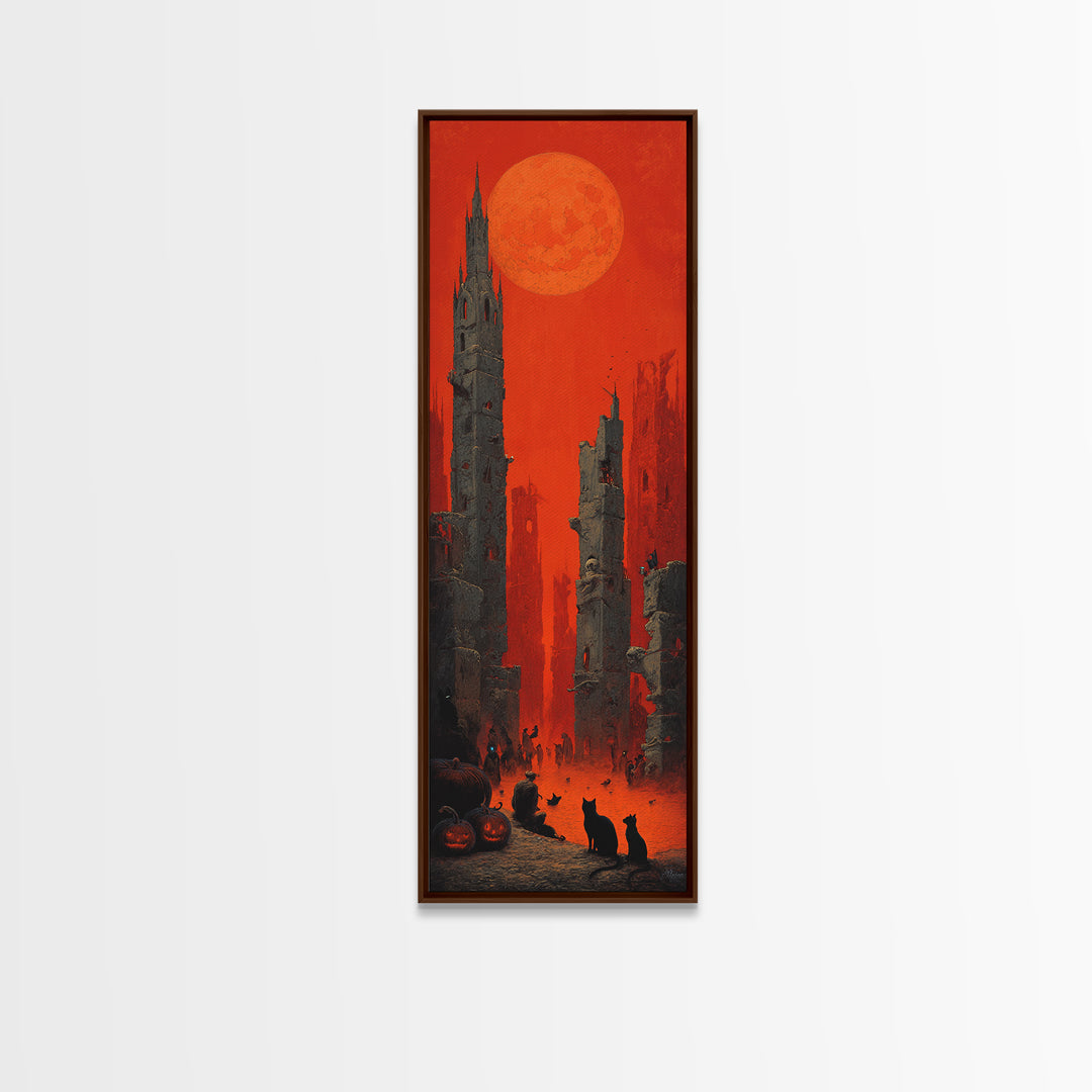 Vintage Orange-And-Black Halloween, Surreal Apocalyptic Art, Tall Narrow Wall Art, Macabre Wall Art, Framed Canvas Print