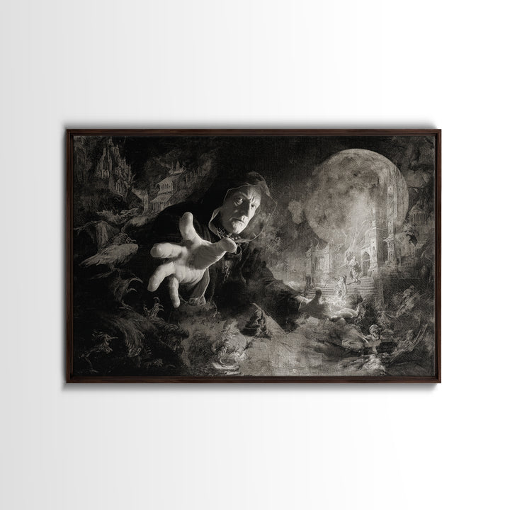 Monochrome Gothic Halloween, Medieval Grotesque Art, Landscape Wall Art, Dark Halloween Decor, Framed Canvas Print, Macabre Wall Art
