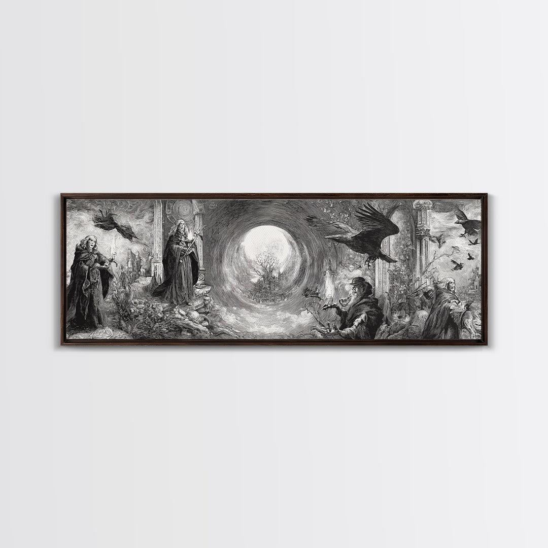 Monochrome Gothic Halloween, Renaissance Engraving Art, Extra Wide Wall Art, Gothic Horror Wall Art, Canvas Print, Halloween Wall Art