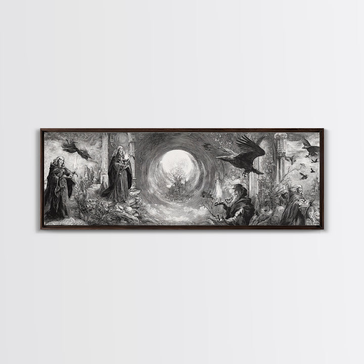 Monochrome Gothic Halloween, Renaissance Engraving Art, Extra Wide Wall Art, Gothic Horror Wall Art, Canvas Print, Halloween Wall Art