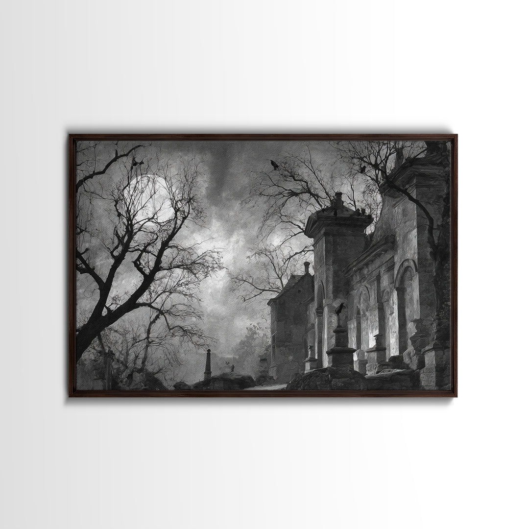 Monochrome Gothic Halloween, Romantic Gothic Landscape, Landscape Wall Art, Dark Fantasy Wall Art, Framed Canvas Print
