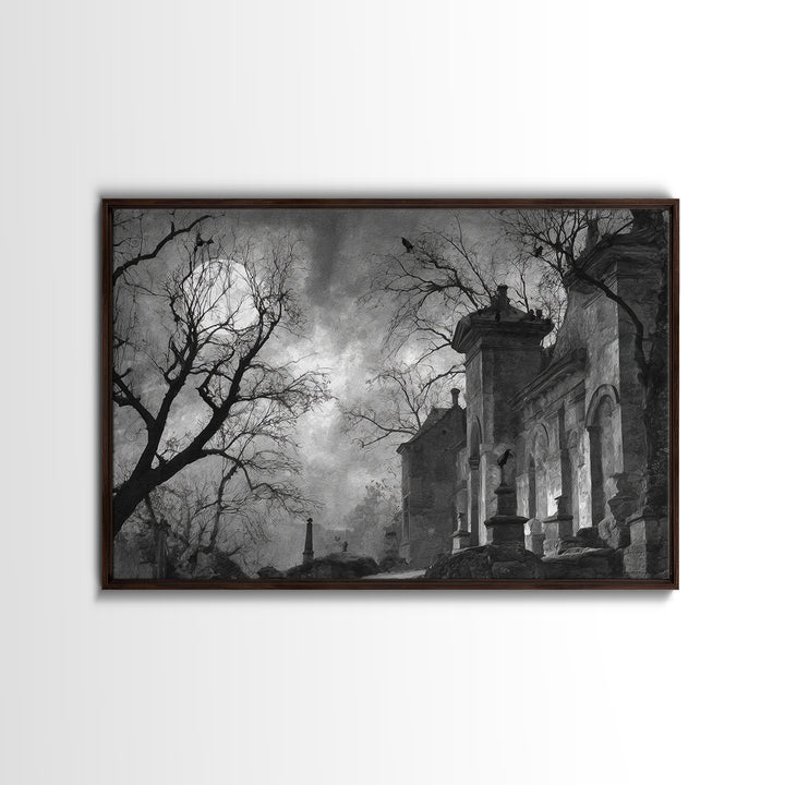 Monochrome Gothic Halloween, Romantic Gothic Landscape, Landscape Wall Art, Dark Fantasy Wall Art, Framed Canvas Print