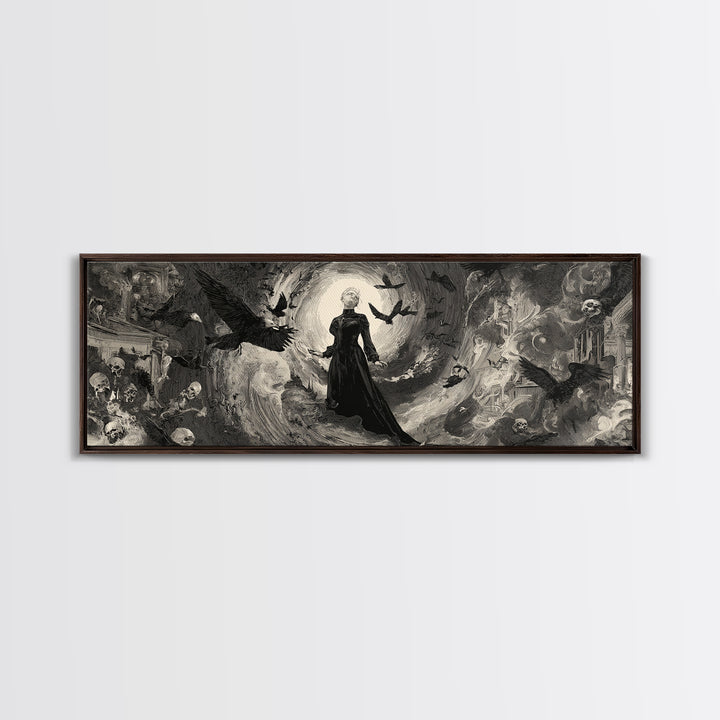 Monochrome Gothic Halloween, Decadent Gothic Art, Extra Wide Wall Art, Gothic Horror Wall Art, Framed Canvas Print, Gothic Home Decor