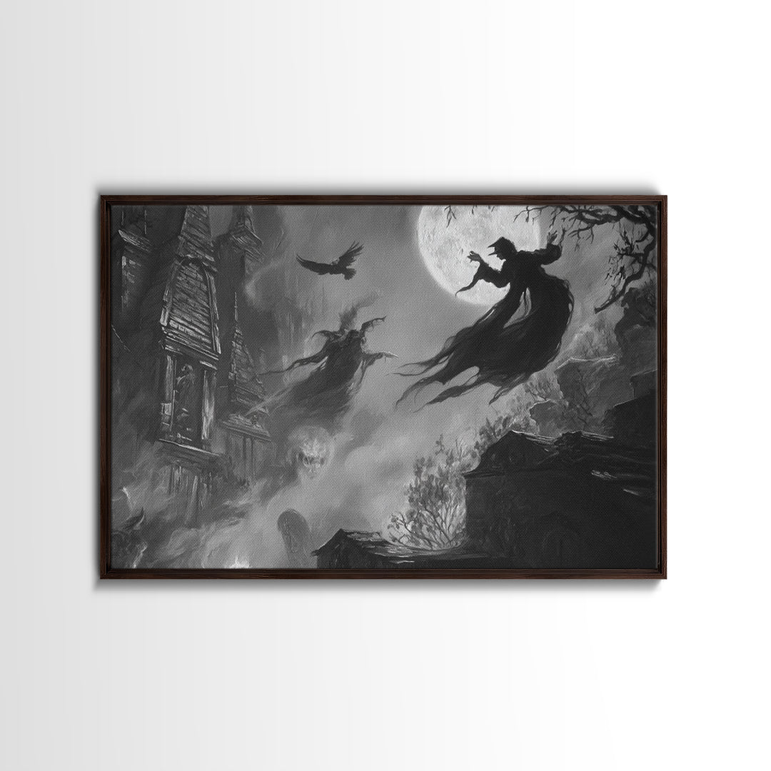 Monochrome Gothic Halloween, Expressionist Nightmare Art, Landscape Wall Art, Dark Halloween Decor, Framed Canvas Print, Halloween Wall Art