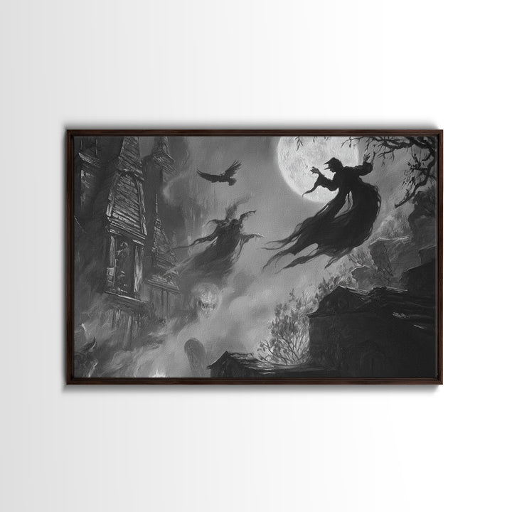 Monochrome Gothic Halloween, Expressionist Nightmare Art, Landscape Wall Art, Dark Halloween Decor, Framed Canvas Print, Halloween Wall Art