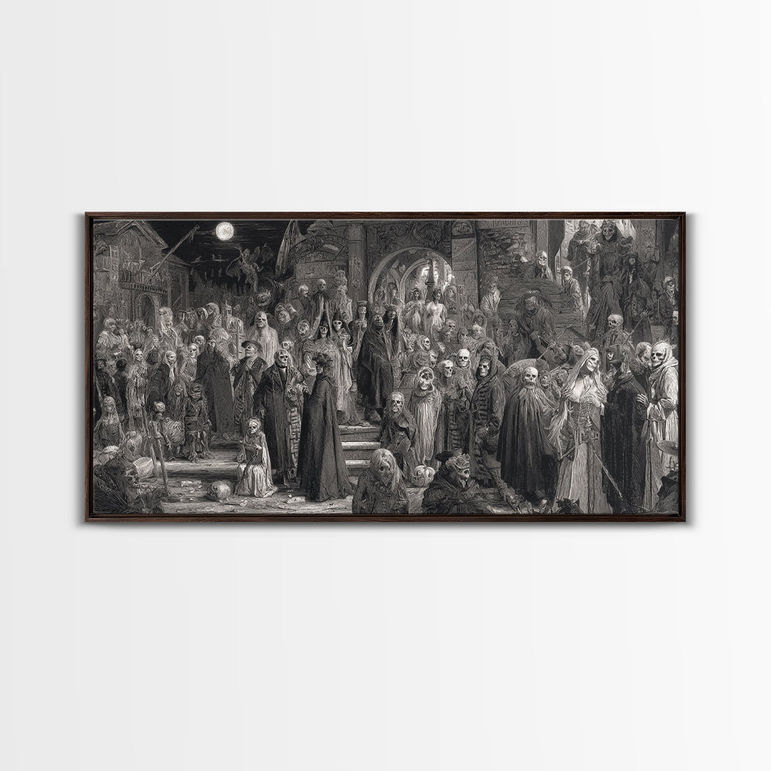 Monochrome Gothic Halloween, Grotesque Carnival Art, Wide Panoramic Art, Dark Halloween Decor, Canvas Print, Halloween Wall Art
