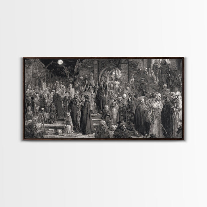 Monochrome Gothic Halloween, Grotesque Carnival Art, Wide Panoramic Art, Dark Halloween Decor, Canvas Print, Halloween Wall Art
