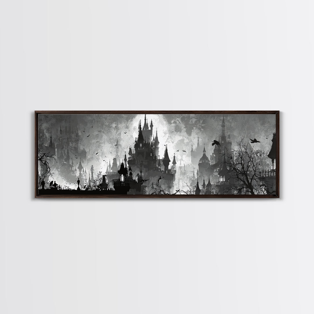 Monochrome Gothic Halloween, Decadent Line Art, Extra Wide Wall Art, Dark Halloween Decor, Canvas Print, Halloween Wall Art