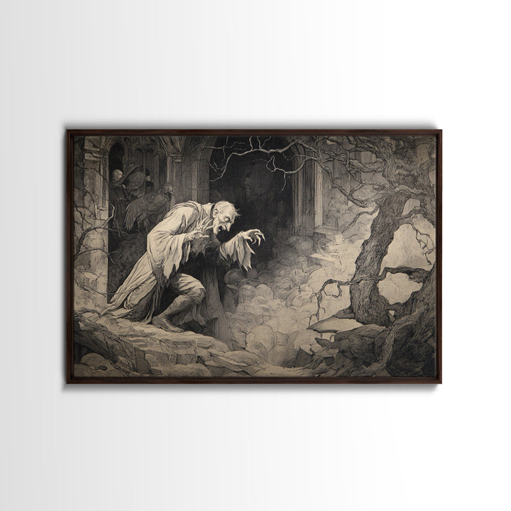 Monochrome Gothic Halloween, Gothic Storybook Art, Landscape Wall Art, Macabre Wall Art, Canvas Print, Halloween Wall Art