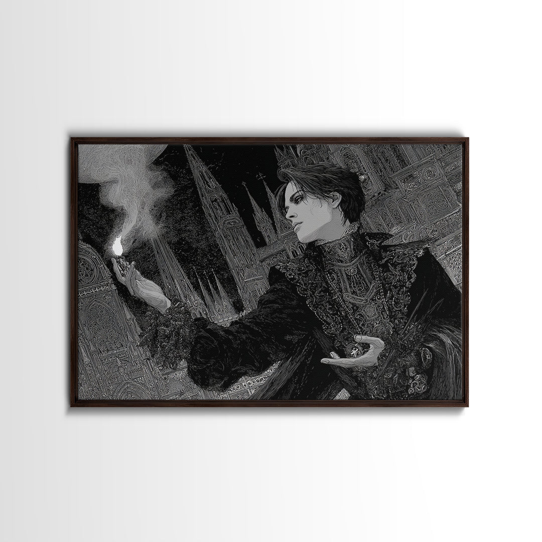 Monochrome Gothic Halloween, Stained Glass Gothic Art, Landscape Wall Art, Dark Halloween Decor, Framed Canvas Print, Halloween Wall Art