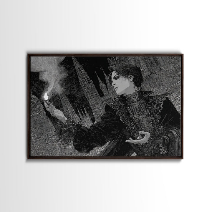 Monochrome Gothic Halloween, Stained Glass Gothic Art, Landscape Wall Art, Dark Halloween Decor, Framed Canvas Print, Halloween Wall Art