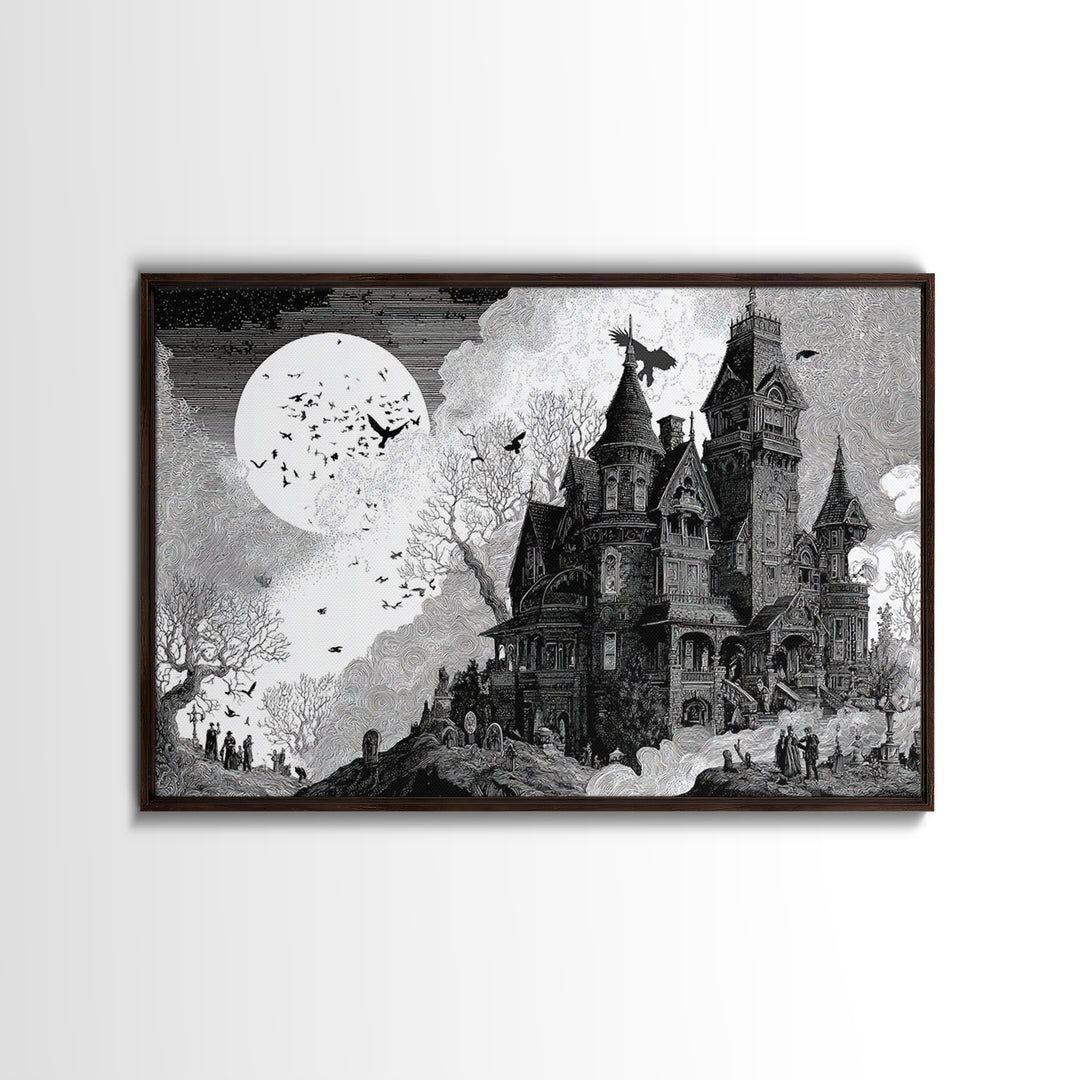 Monochrome Gothic Halloween, Victorian Macabre Art, Landscape Wall Art, Dark Halloween Decor, Canvas Print, Halloween Wall Art
