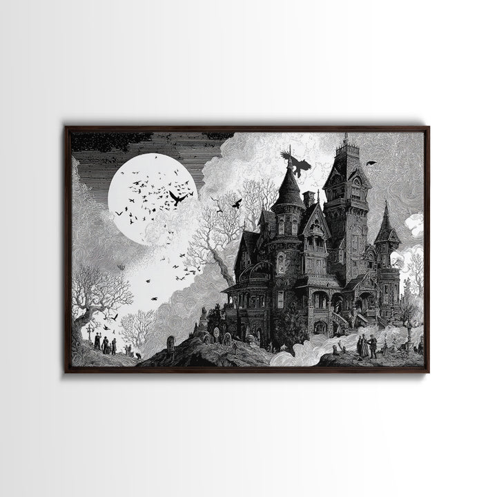 Monochrome Gothic Halloween, Victorian Macabre Art, Landscape Wall Art, Dark Halloween Decor, Canvas Print, Halloween Wall Art