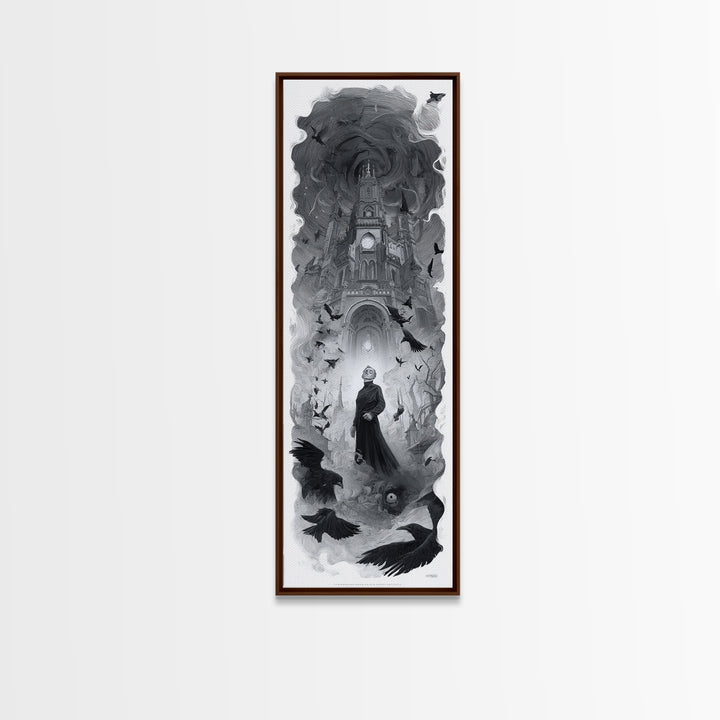 Monochrome Gothic Halloween, Surreal Apocalyptic Art, Tall Narrow Wall Art, Macabre Wall Art, Framed Canvas Print, Halloween Decor