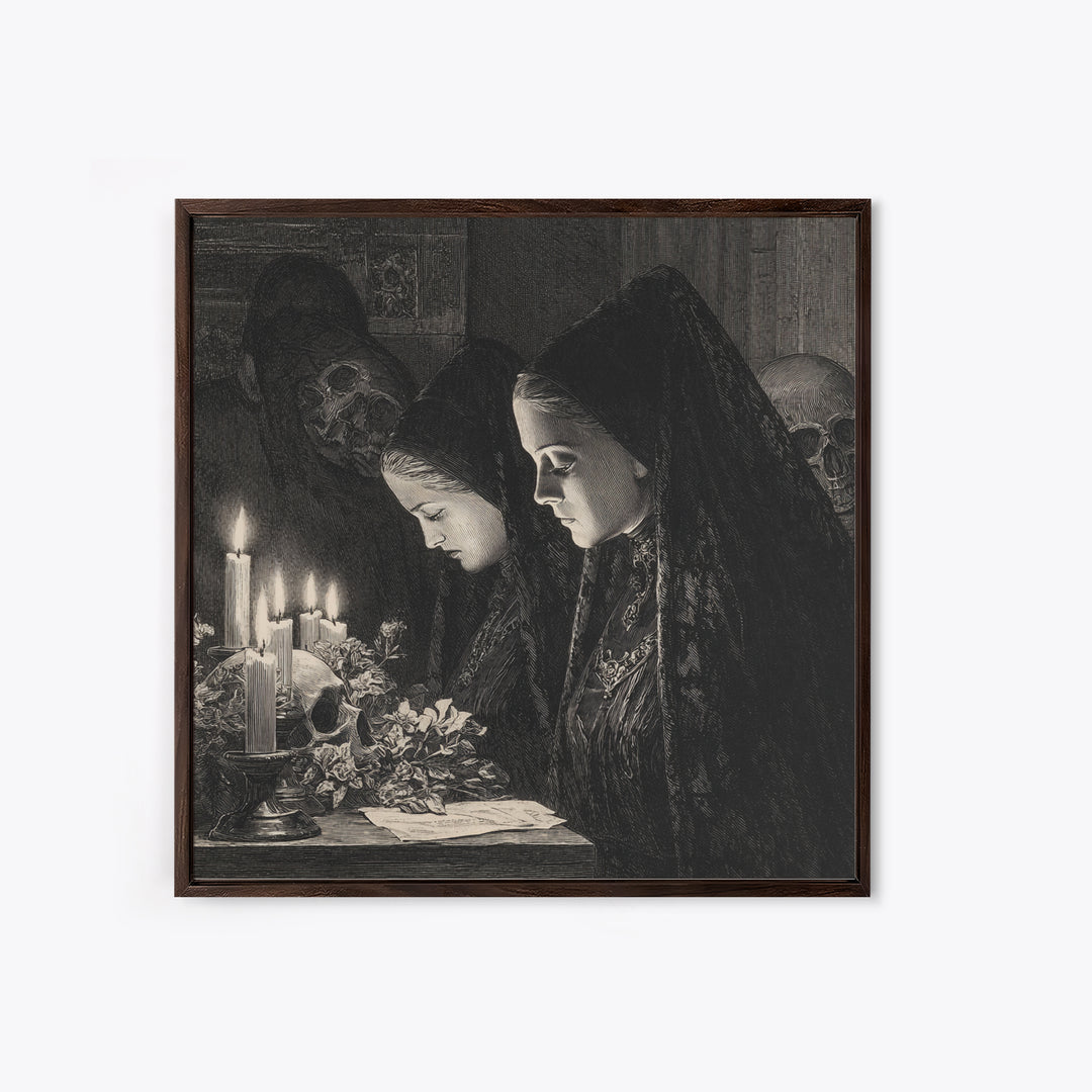 Victorian Mourning Halloween, Renaissance Engraving Art, Square Wall Art, Gothic Horror Wall Art, Canvas Print, Halloween Wall Art