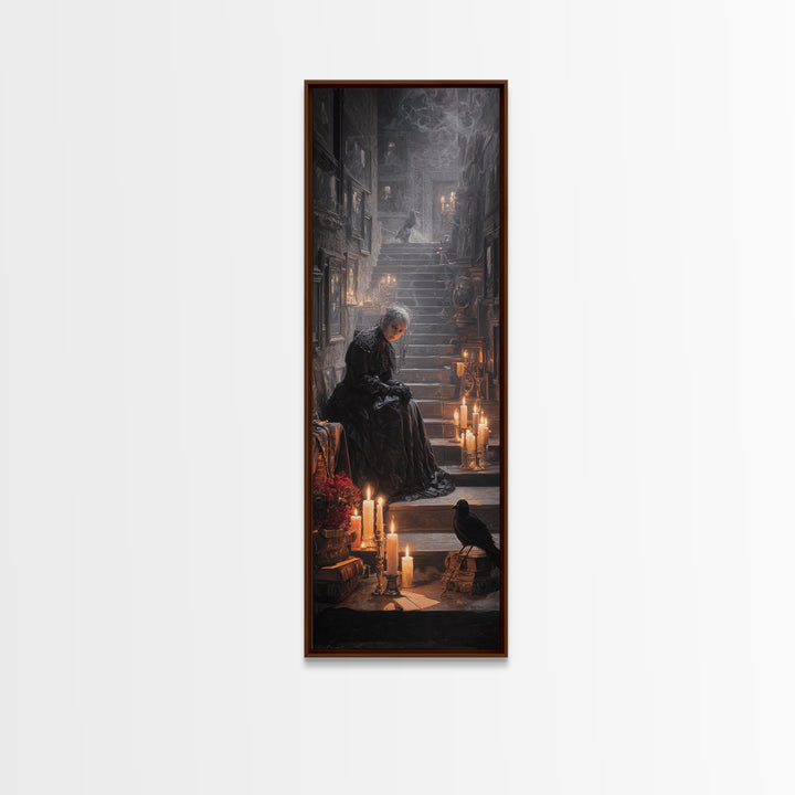 Victorian Mourning Halloween, Architectural Etching Art, Tall Narrow Wall Art, Gothic Horror Wall Art, Framed Canvas Print