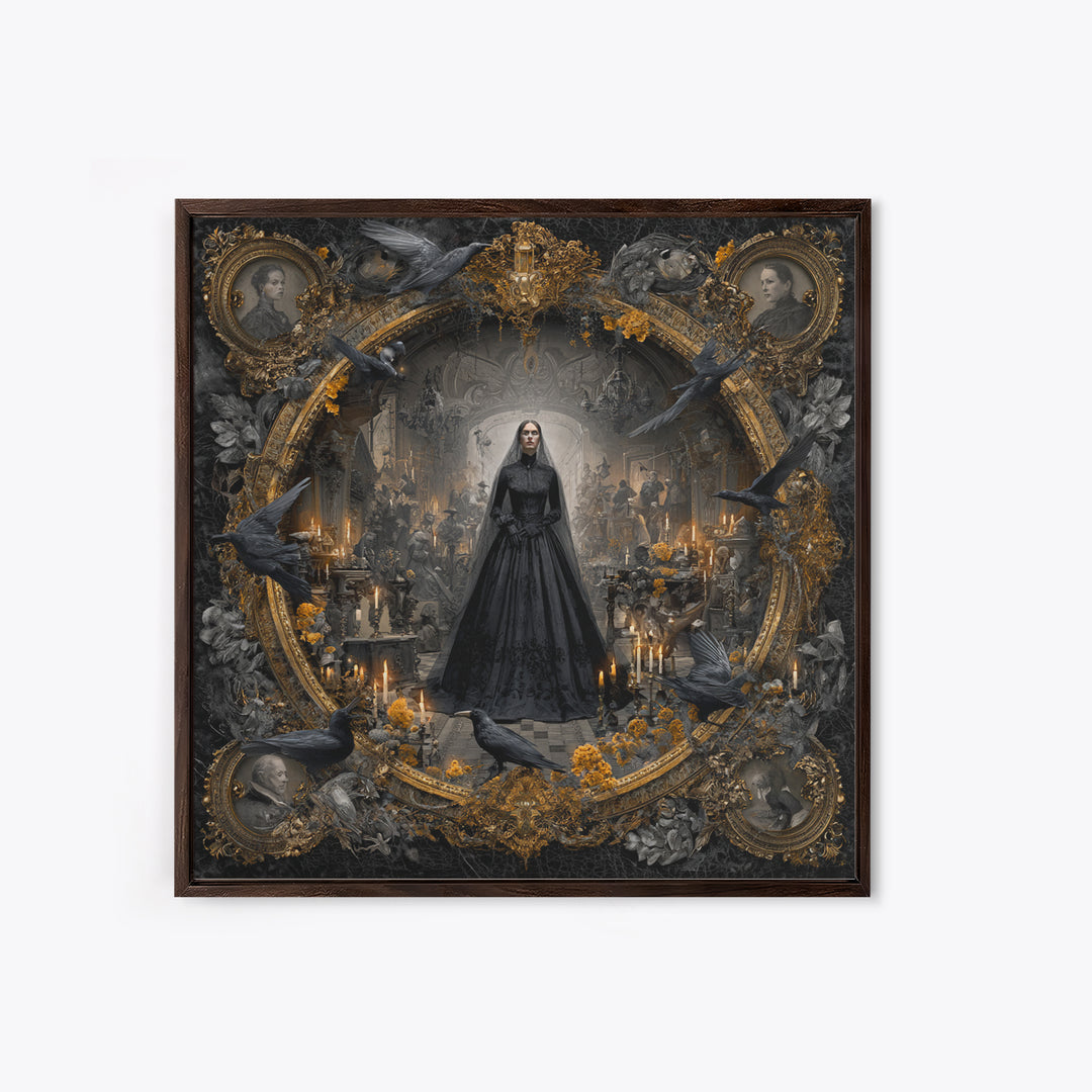 Victorian Mourning Halloween, Ornate Symbolist Art, Square Wall Art, Dark Halloween Decor, Framed Canvas Print, Halloween Wall Art