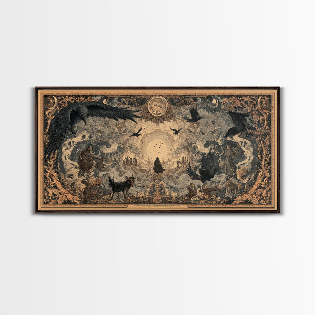 Art Nouveau Witchcraft, Northern Renaissance Horror, Wide Panoramic Art, Dark Fantasy Wall Art, Framed Canvas Print