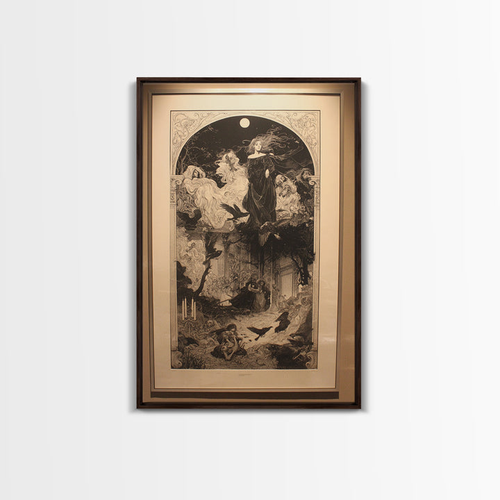 Art Nouveau Witchcraft, Renaissance Engraving Art, Vertical Wall Art, Macabre Wall Art, Framed Canvas Print, Halloween Wall Art