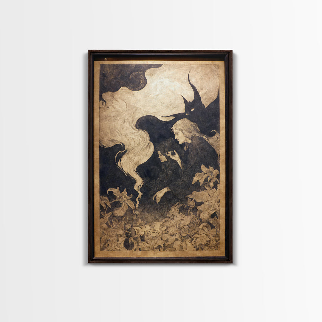 Art Nouveau Witchcraft, Symbolist Dream Art, Vertical Wall Art, Dark Fantasy Wall Art, Framed Canvas Print, Halloween Wall Art