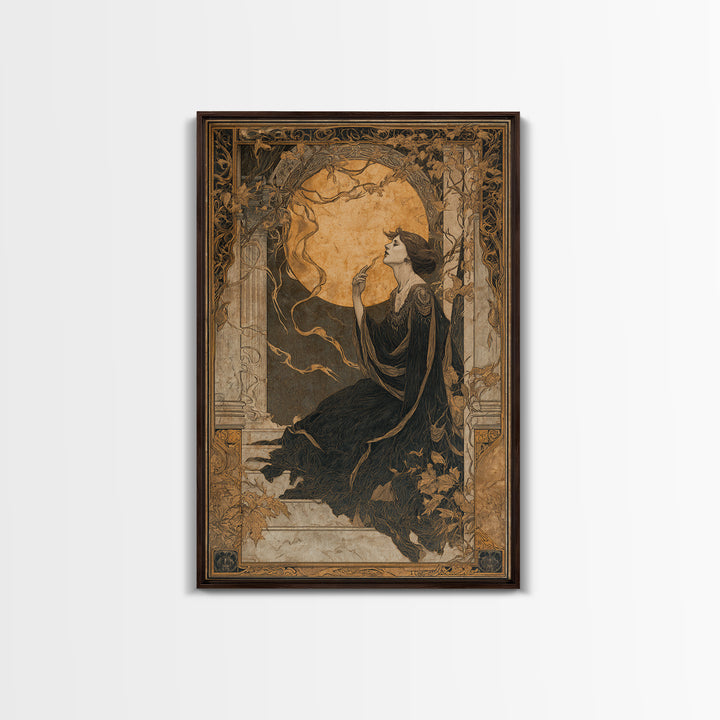 Art Nouveau Witchcraft, Decadent Gothic Art, Vertical Wall Art, Dark Halloween Decor, Framed Canvas Print, Halloween Wall Art