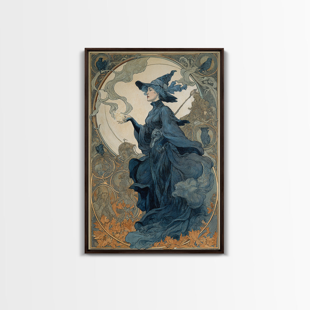 Art Nouveau Witchcraft, Symbolist Death Art, Vertical Wall Art, Dark Halloween Decor, Framed Canvas Print, Halloween Wall Art