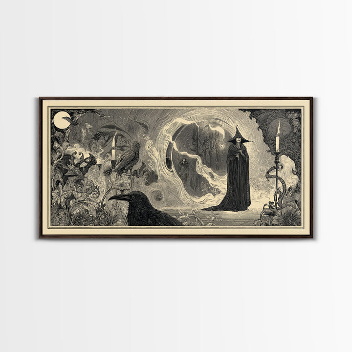 Art Nouveau Witchcraft, Expressionist Nightmare Art, Wide Panoramic Art, Dark Halloween Decor, Framed Canvas Print, Halloween Wall Art