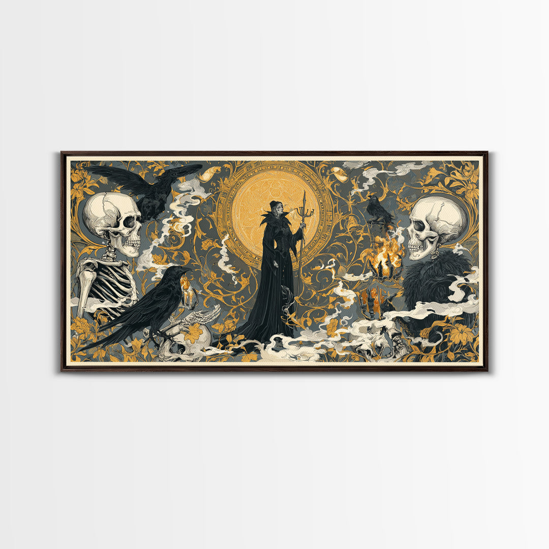 Art Nouveau Witchcraft, Macabre Folk Print Art, Wide Panoramic Art, Dark Fantasy Wall Art, Framed Canvas Print, Halloween Decor