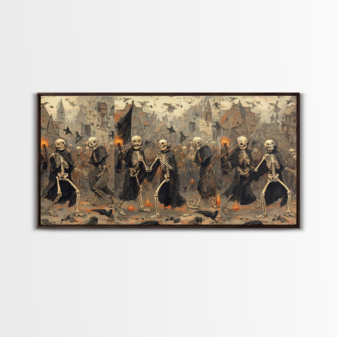 Medieval Danse Macabre, Northern Renaissance Horror, Wide Panoramic Art, Dark Fantasy Wall Art, Framed Canvas Print