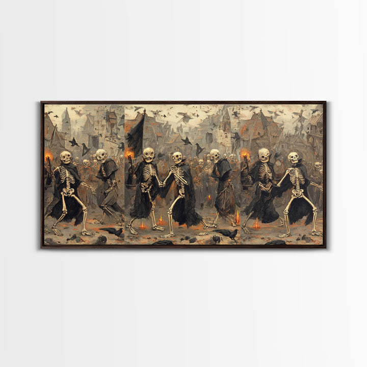 Medieval Danse Macabre, Northern Renaissance Horror, Wide Panoramic Art, Dark Fantasy Wall Art, Framed Canvas Print