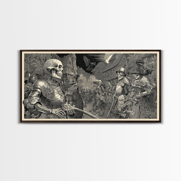Medieval Danse Macabre, Renaissance Engraving Art, Wide Panoramic Art, Dark Fantasy Wall Art, Framed Canvas Print, Halloween Wall Art