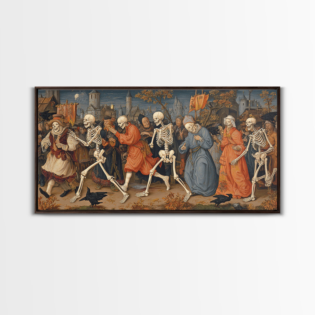 Medieval Danse Macabre, Danse Macabre Art, Wide Panoramic Art, Dark Fantasy Wall Art, Canvas Print, Halloween Wall Art