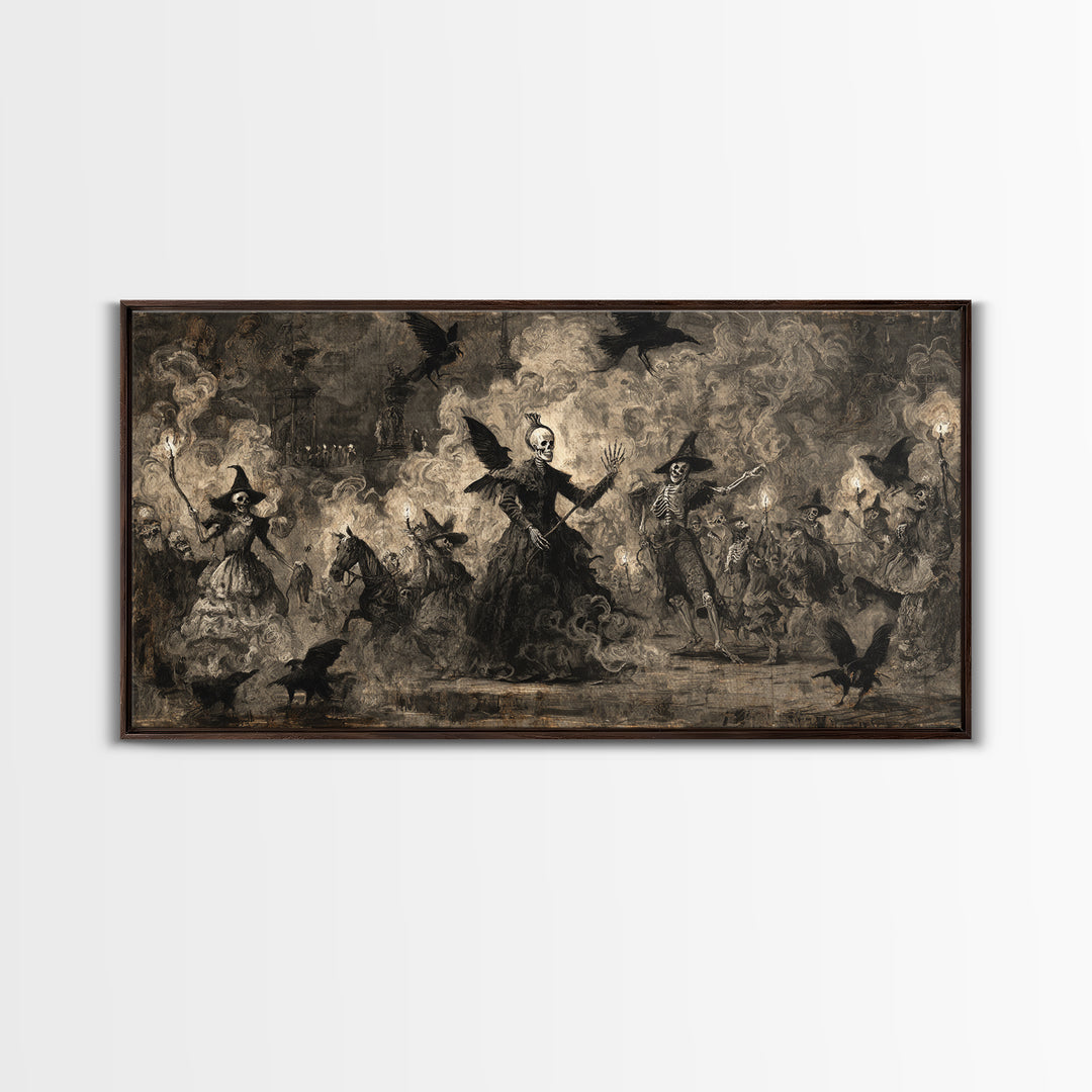 Medieval Danse Macabre, Dark Romantic Horror Art, Wide Panoramic Art, Gothic Horror Wall Art, Framed Canvas Print, Halloween Wall Art