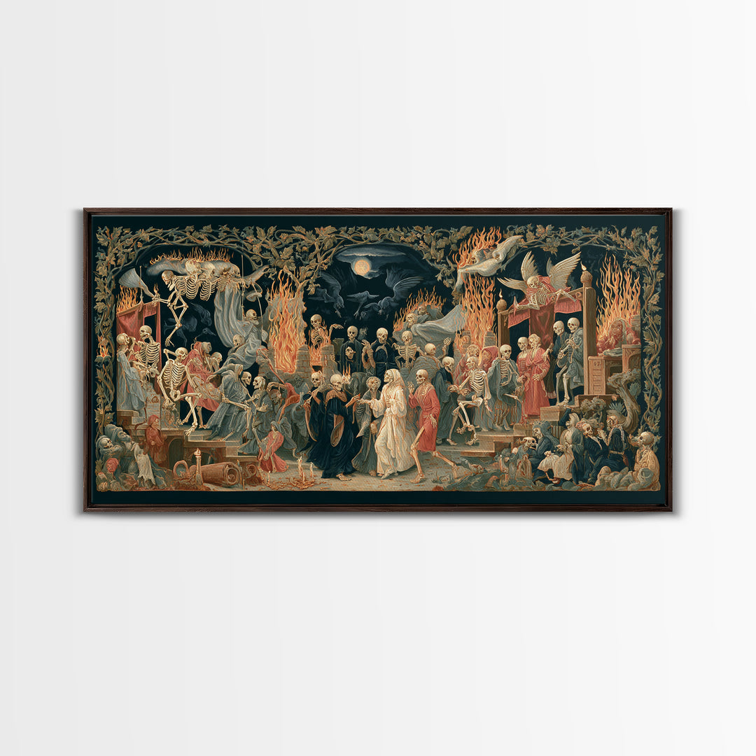 Medieval Danse Macabre, Visionary Gothic Art, Wide Panoramic Art, Dark Fantasy Wall Art, Framed Canvas Print, Halloween Wall Art