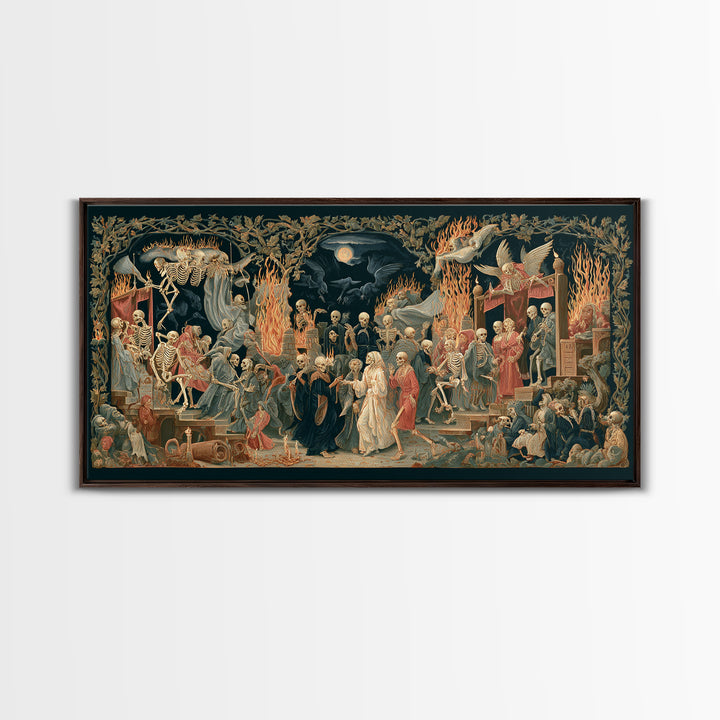 Medieval Danse Macabre, Visionary Gothic Art, Wide Panoramic Art, Dark Fantasy Wall Art, Framed Canvas Print, Halloween Wall Art