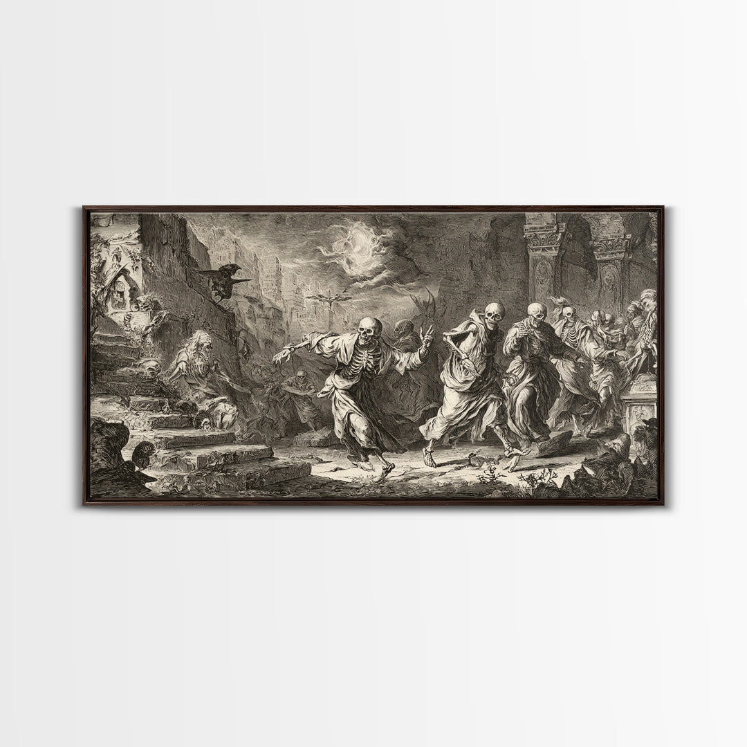 Medieval Danse Macabre, Architectural Etching Art, Wide Panoramic Art, Dark Halloween Decor, Framed Canvas Print