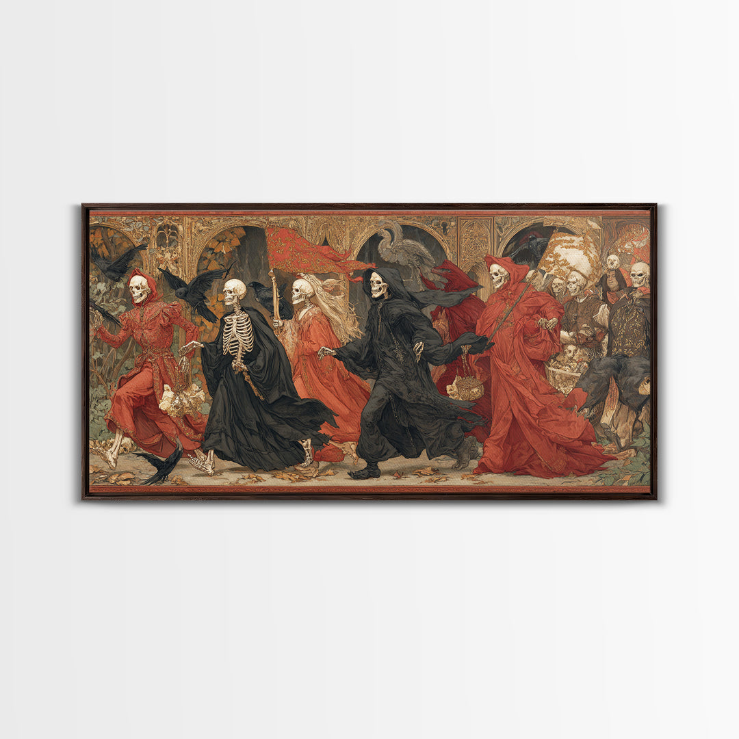Medieval Danse Macabre, Ornate Symbolist Art, Wide Panoramic Art, Macabre Wall Art, Canvas Print, Halloween Wall Art