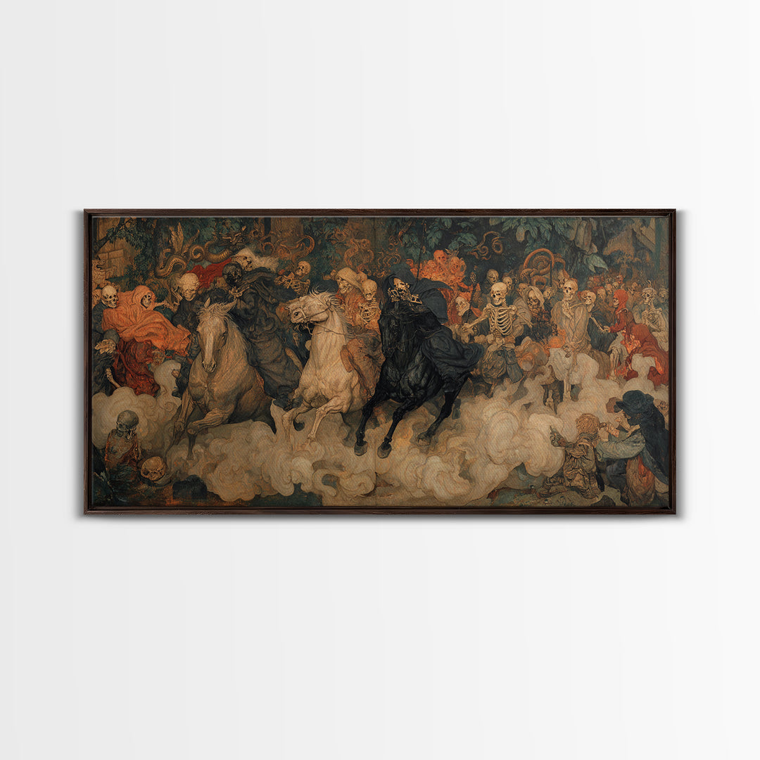 Medieval Danse Macabre, Dark Symbolist Art, Wide Panoramic Art, Dark Halloween Decor, Canvas Print, Halloween Wall Art