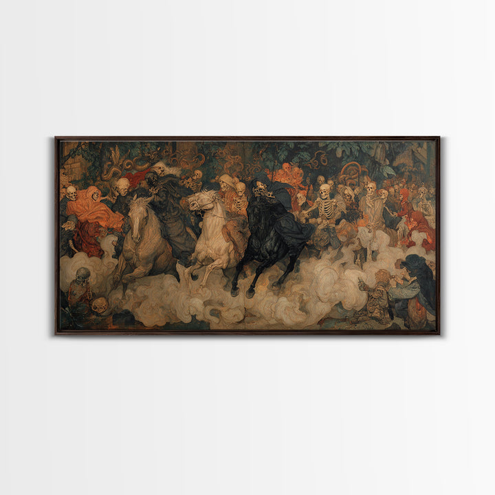 Medieval Danse Macabre, Dark Symbolist Art, Wide Panoramic Art, Dark Halloween Decor, Canvas Print, Halloween Wall Art