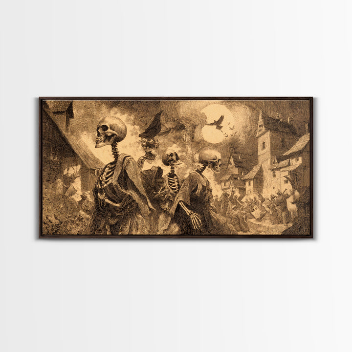 Medieval Danse Macabre, Expressionist Nightmare Art, Wide Panoramic Art, Dark Fantasy Wall Art, Framed Canvas Print, Halloween Wall Art