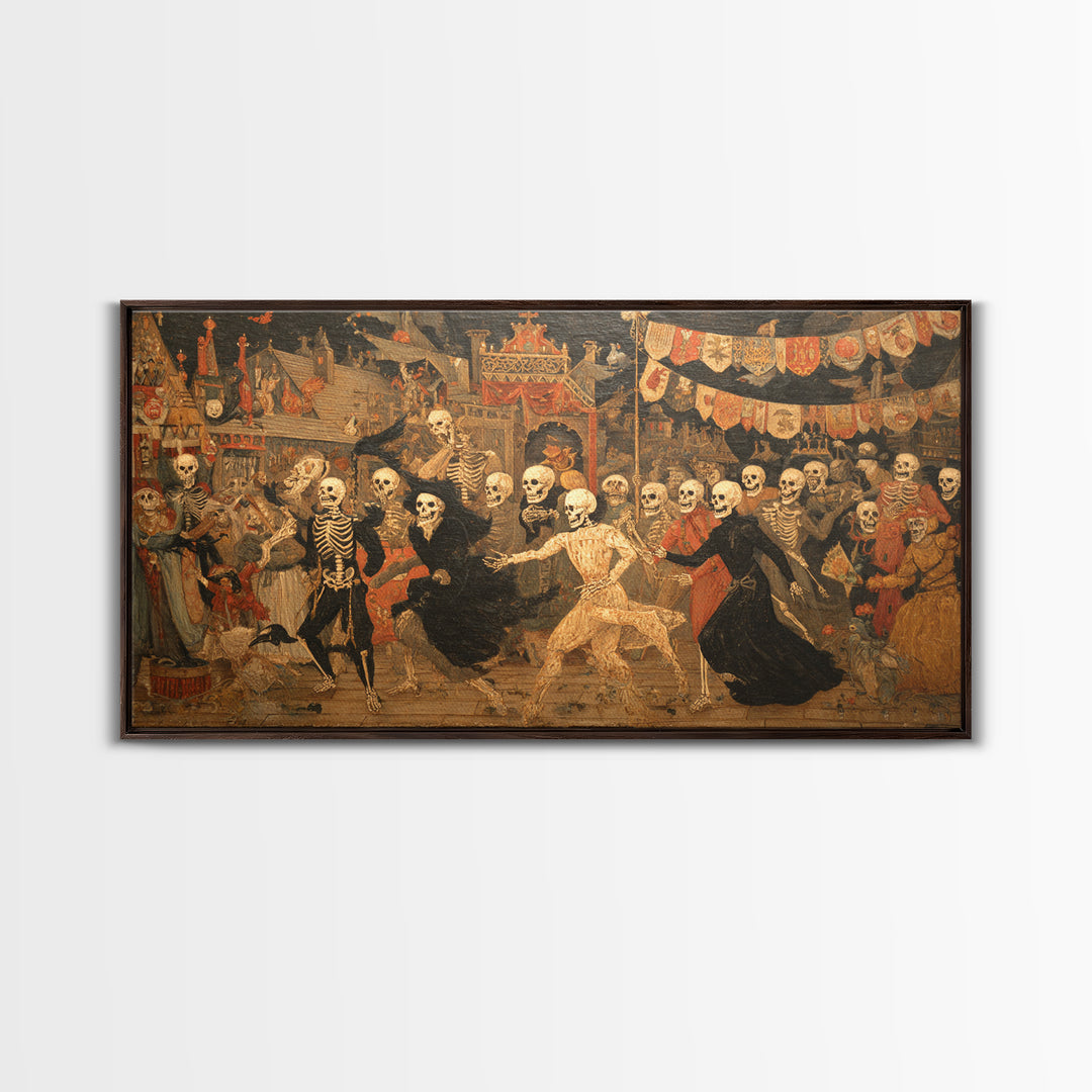 Medieval Danse Macabre, Grotesque Carnival Art, Wide Panoramic Art, Dark Fantasy Wall Art, Canvas Print, Halloween Wall Art